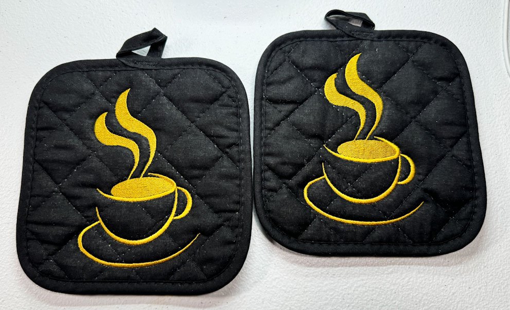 Embroidered Coffee Potholder 7 inch square potholder - Mary Jo Fabrics