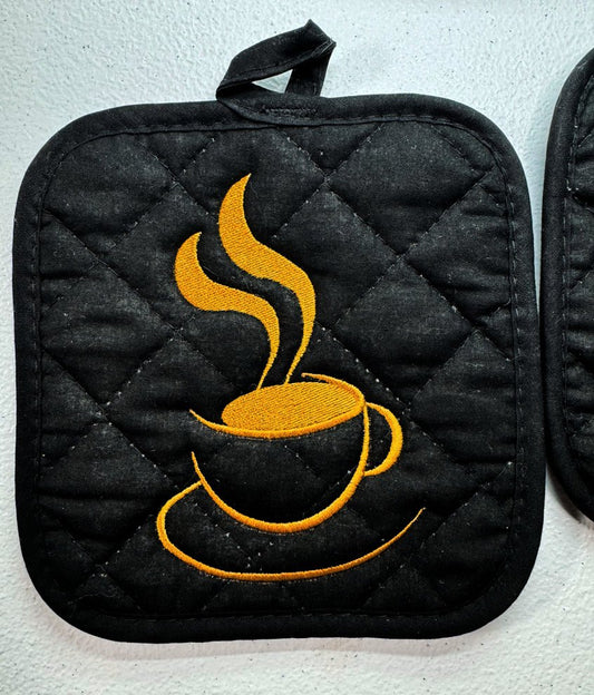 Embroidered Coffee Potholder 7 inch square potholder - Mary Jo Fabrics