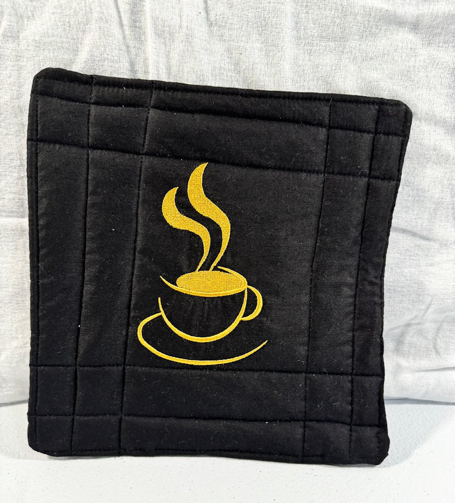 Embroidered Coffee Potholder 9 inch square potholder - Mary Jo Fabrics