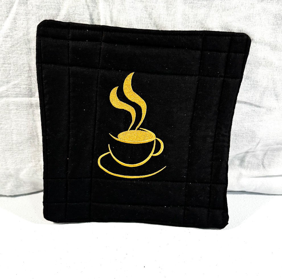 Embroidered Coffee Potholder 9 inch square potholder - Mary Jo Fabrics