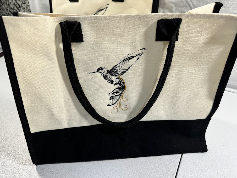 Embroidered Hummingbird bag 15.7 x 11.8 x 6.7 Large Canvas Tote Bag - Mary Jo Fabrics