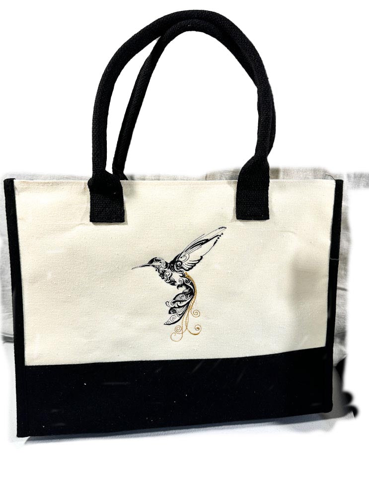 Embroidered Hummingbird bag 15.7 x 11.8 x 6.7 Large Canvas Tote Bag - Mary Jo Fabrics