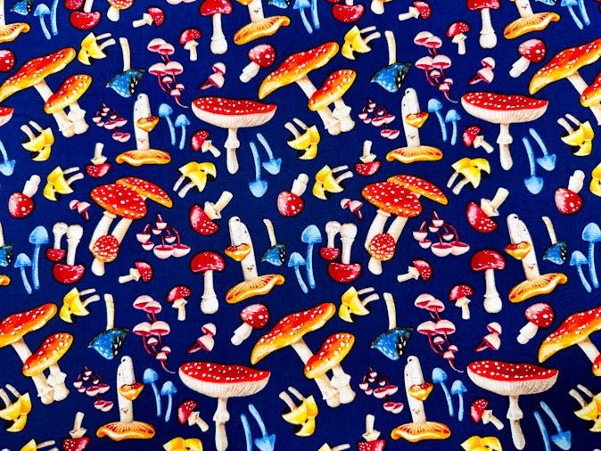 Enchanted Mushroom cotton fabric 1554 - 78 Blue Mushroom fabric - Mary Jo Fabrics