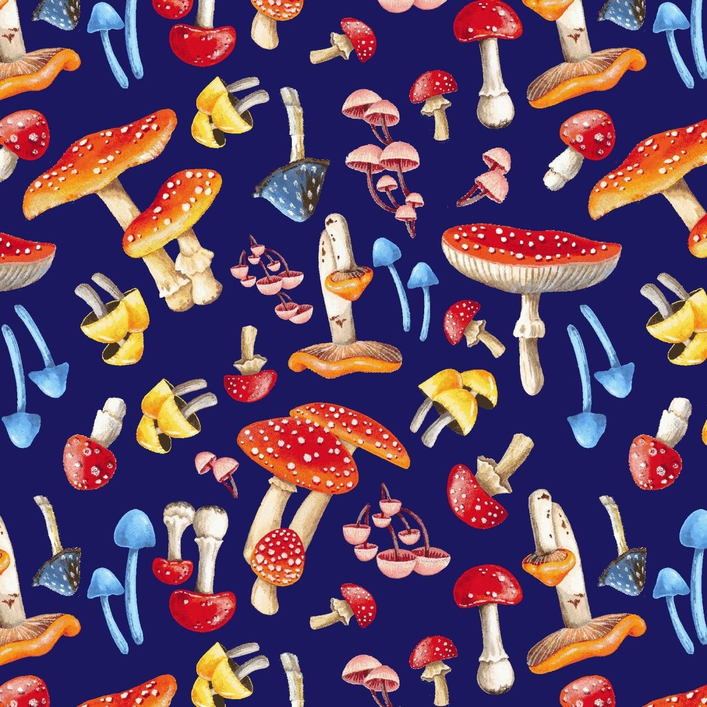 Enchanted Mushroom cotton fabric 1554 - 78 Blue Mushroom fabric - Mary Jo Fabrics