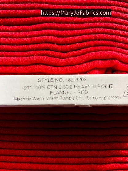 Fabri Quilt Solid Red FLANNEL 182 - 02 Heavy Flannel 90 in - Mary Jo Fabrics