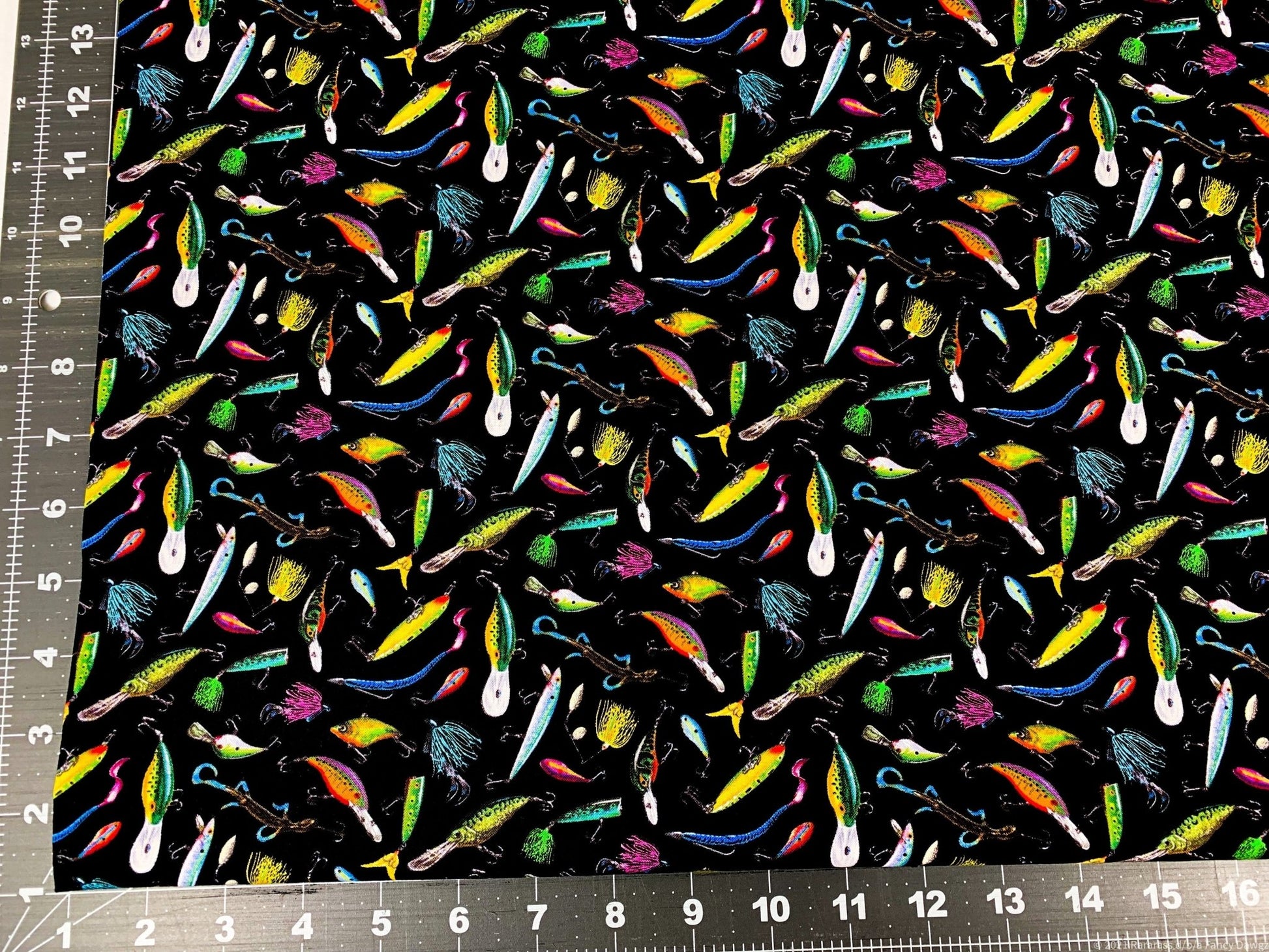 Fishing lure fabric 5002 Tight Lines fish cotton fabric - Mary Jo Fabrics