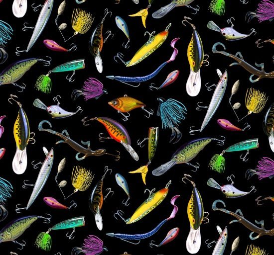 Fishing lure fabric 5002 Tight Lines fish cotton fabric - Mary Jo Fabrics