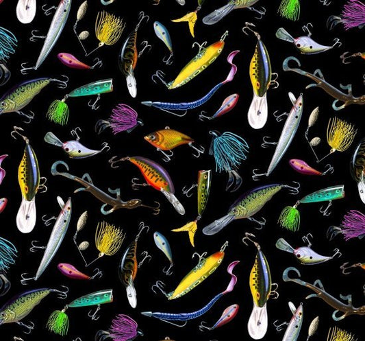 Fishing lure fabric 5002 Tight Lines fish cotton fabric - Mary Jo Fabrics