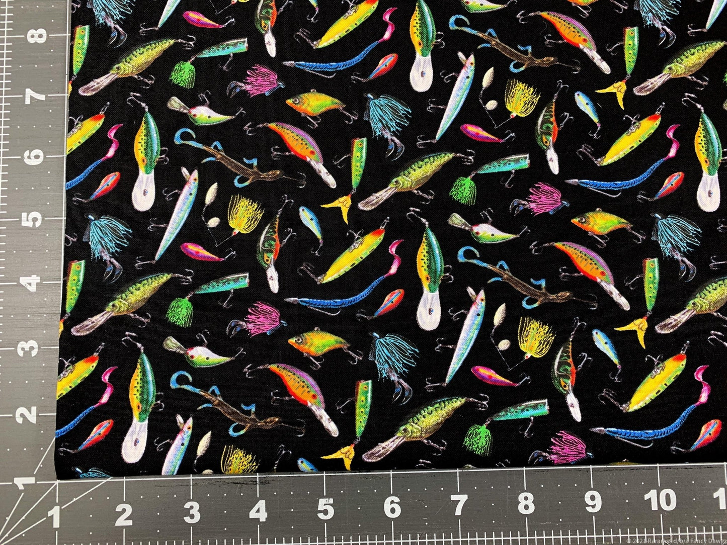 Fishing lure fabric 5002 Tight Lines fish cotton fabric - Mary Jo Fabrics