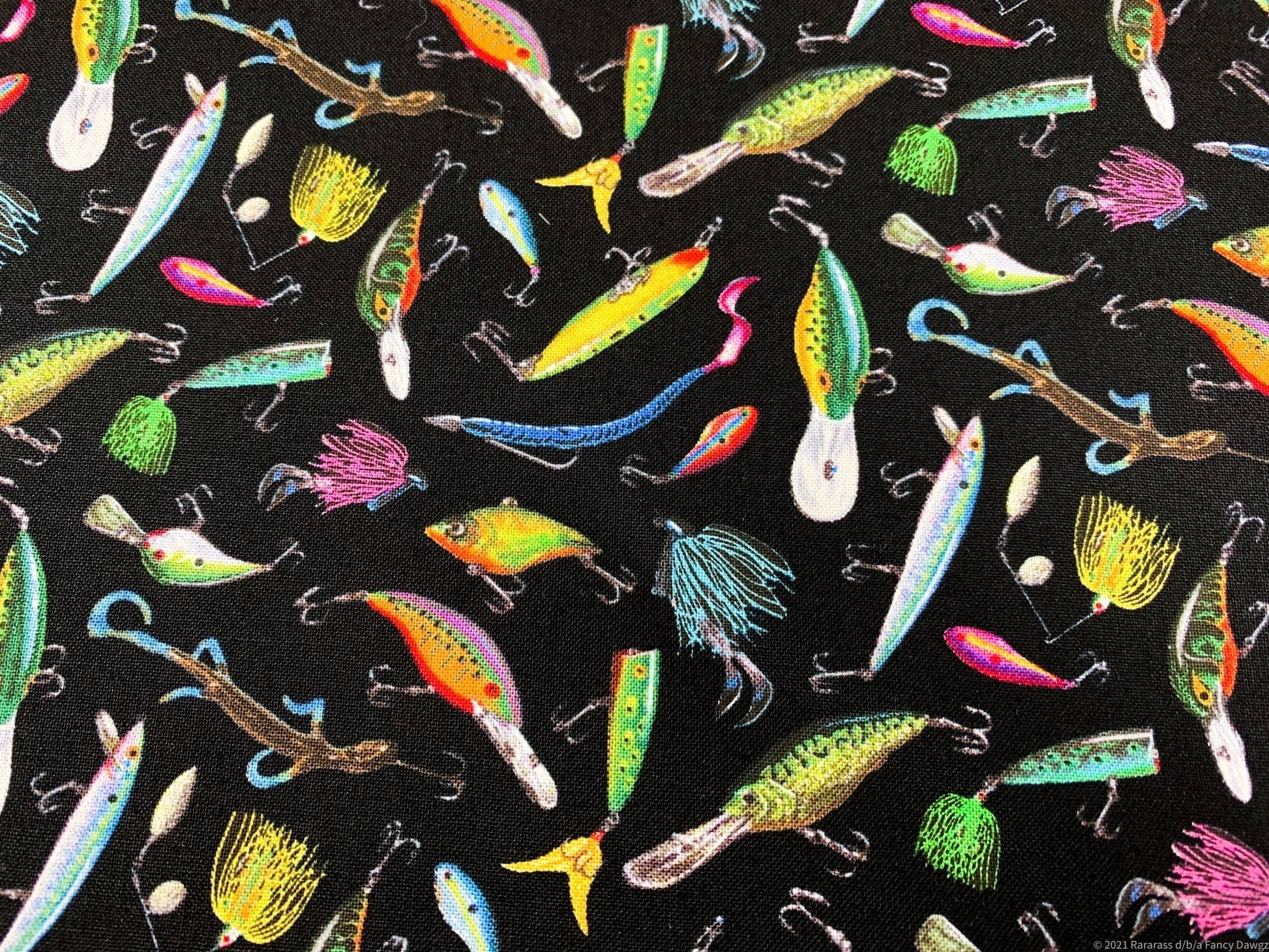 Fishing lure fabric 5002 Tight Lines fish cotton fabric - Mary Jo Fabrics