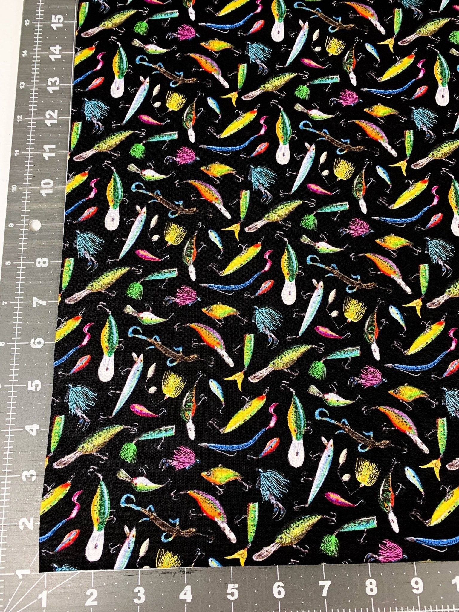 Fishing lure fabric 5002 Tight Lines fish cotton fabric - Mary Jo Fabrics