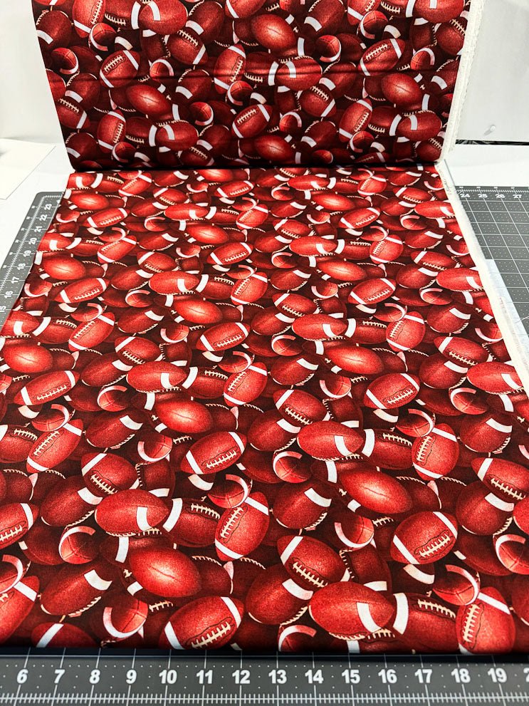 Footballs fabric 130 Brown football sports fabric - Mary Jo Fabrics