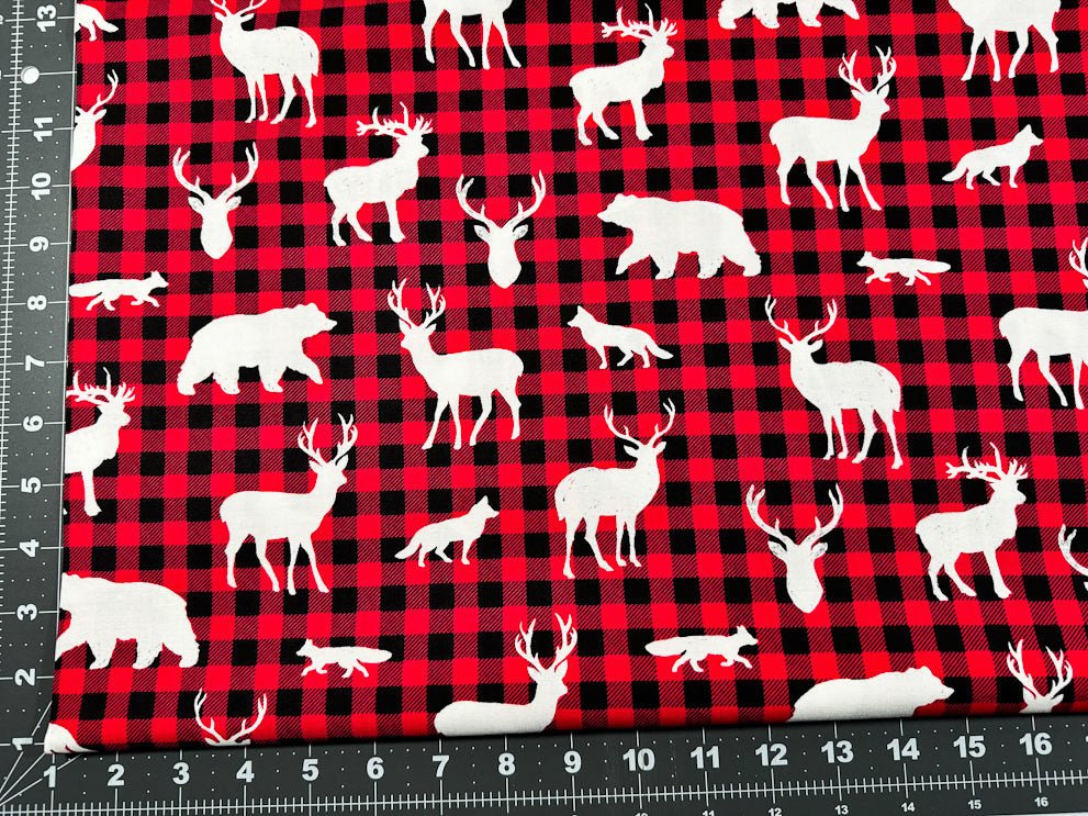 Fox deer and bear plaid fabric 5876 Winter fabric - Mary Jo Fabrics