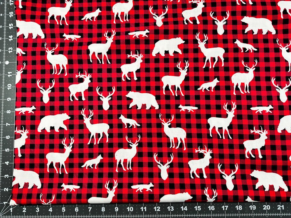 Fox deer and bear plaid fabric 5876 Winter fabric - Mary Jo Fabrics