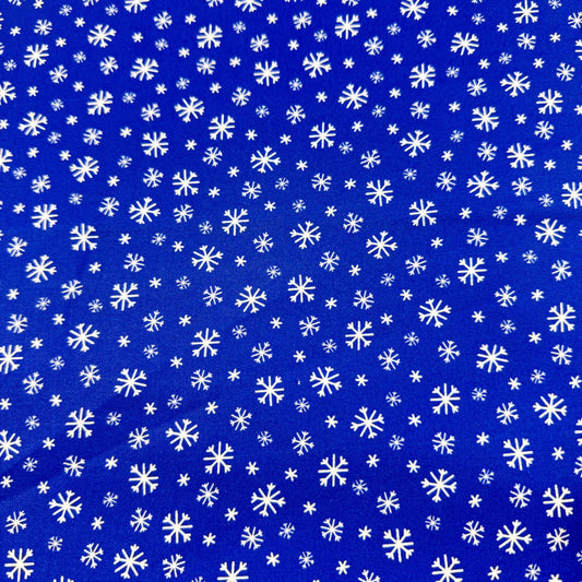 Frosty Flakes White Snowflake fabric Royal Blue Cotton - Mary Jo Fabrics