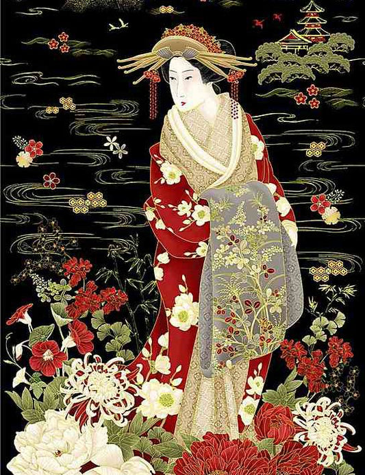 Geisha Japanese panel 24" x 44" Metallic black CM1664 - Mary Jo Fabrics