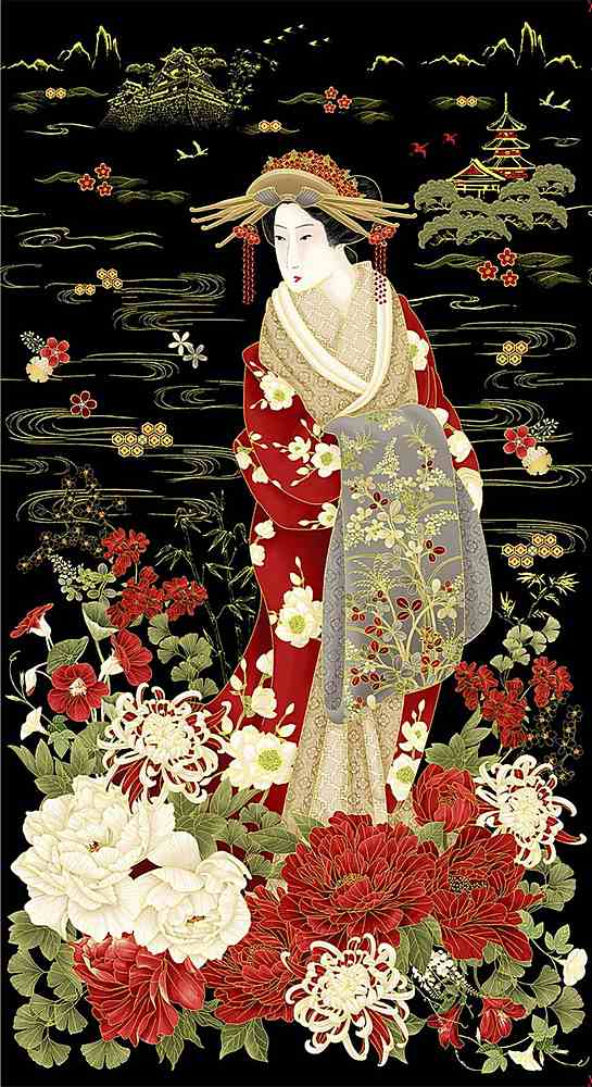 Geisha Japanese panel 24" x 44" Metallic black CM1664 - Mary Jo Fabrics