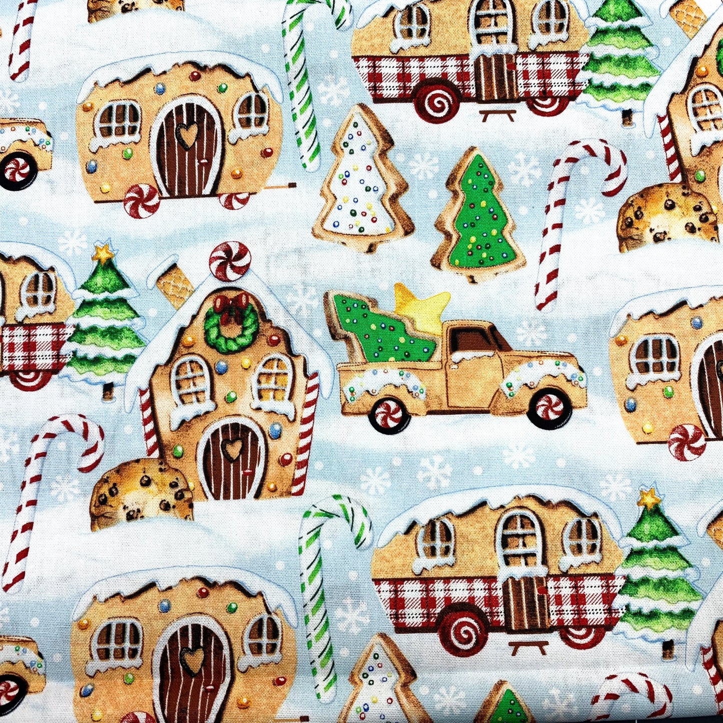 Gingerbread Camping Christmas Fabric 21079 Blue - Mary Jo Fabrics