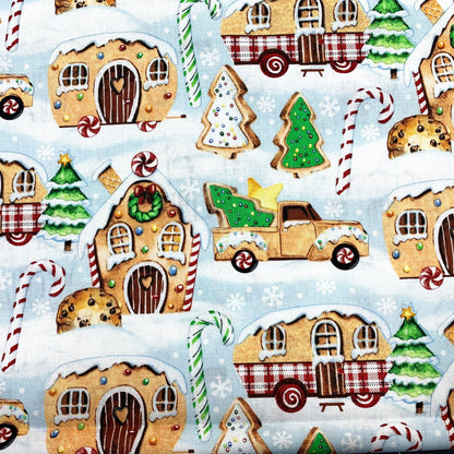 Gingerbread Camping Christmas Fabric 21079 Blue - Mary Jo Fabrics