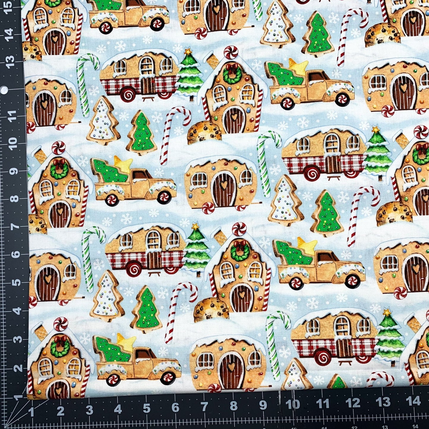 Gingerbread Camping Christmas Fabric 21079 Blue - Mary Jo Fabrics