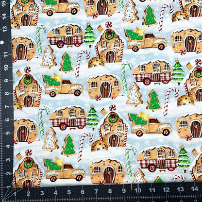 Gingerbread Camping Christmas Fabric 21079 Blue - Mary Jo Fabrics