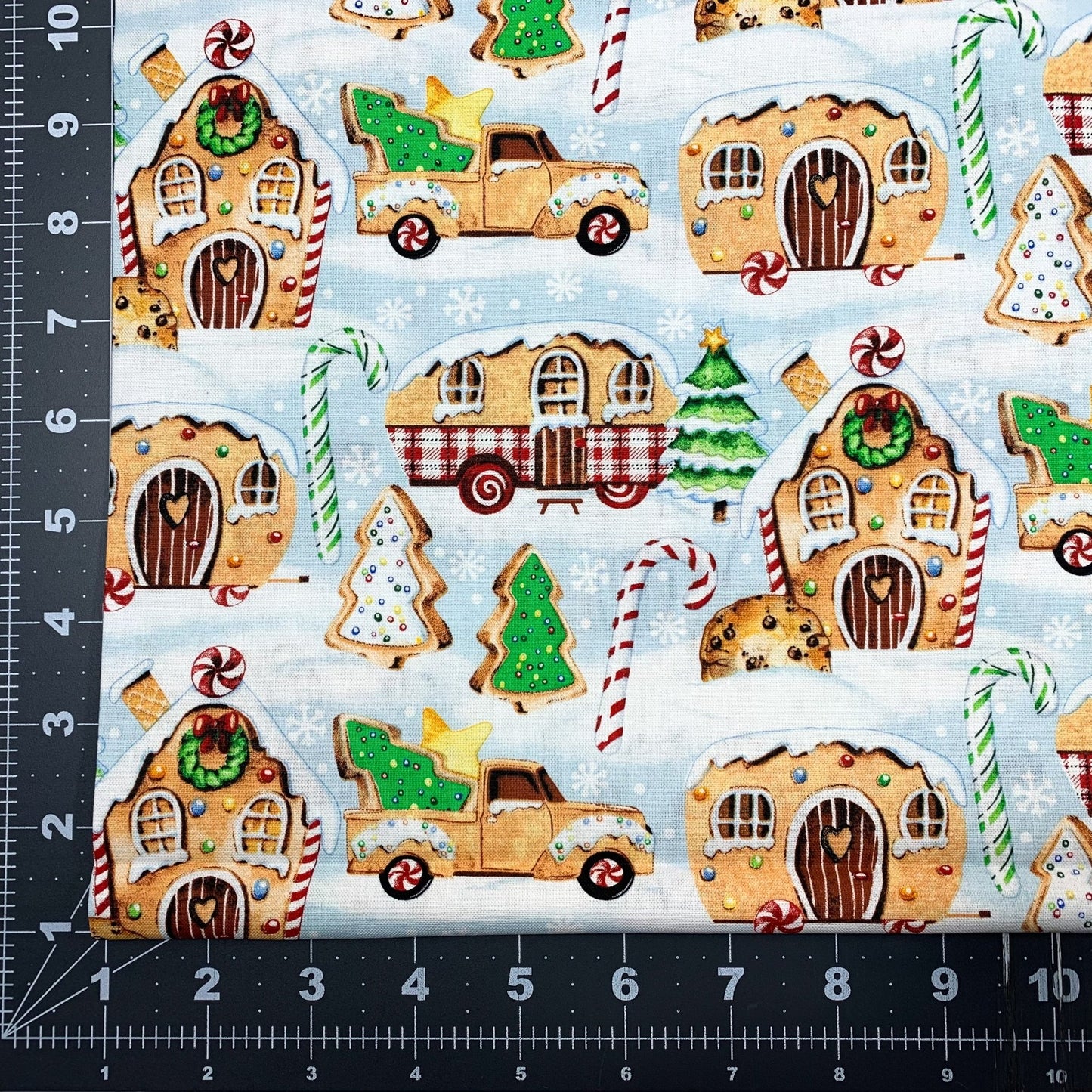 Gingerbread Camping Christmas Fabric 21079 Blue - Mary Jo Fabrics