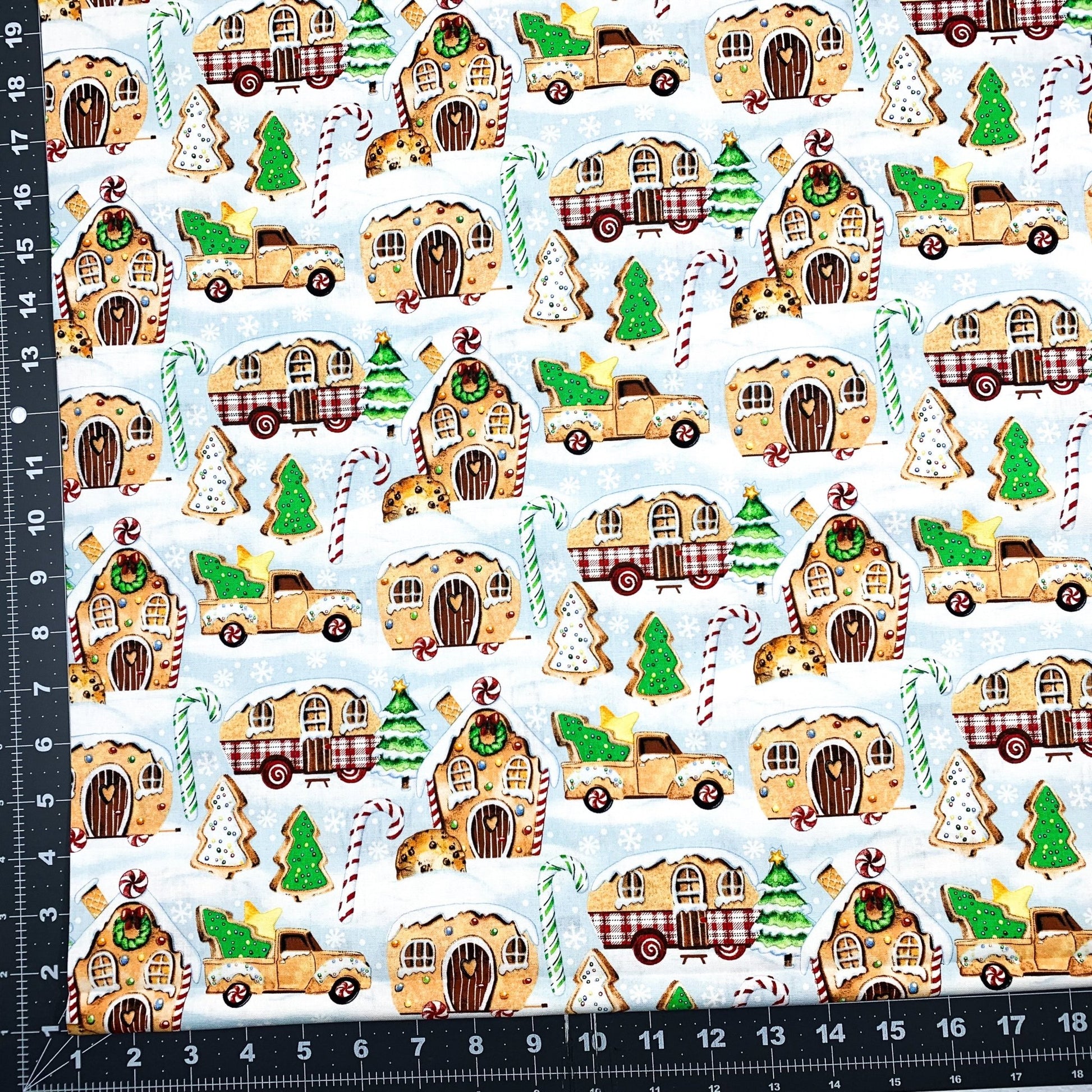 Gingerbread Camping Christmas Fabric 21079 Blue - Mary Jo Fabrics