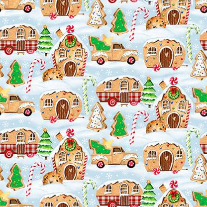 Gingerbread Camping Christmas Fabric 21079 Blue - Mary Jo Fabrics