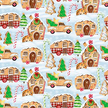 Gingerbread Camping Christmas Fabric 21079 Blue - Mary Jo Fabrics
