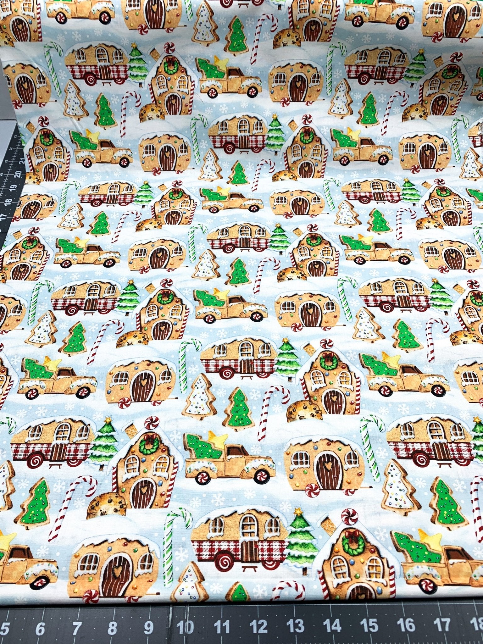 Gingerbread Camping Christmas Fabric 21079 Blue - Mary Jo Fabrics