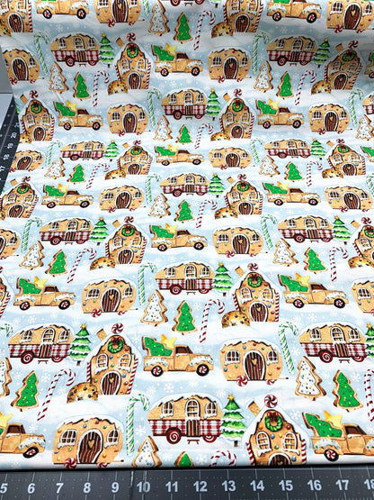 Gingerbread Camping Christmas Fabric 21079 Blue - Mary Jo Fabrics