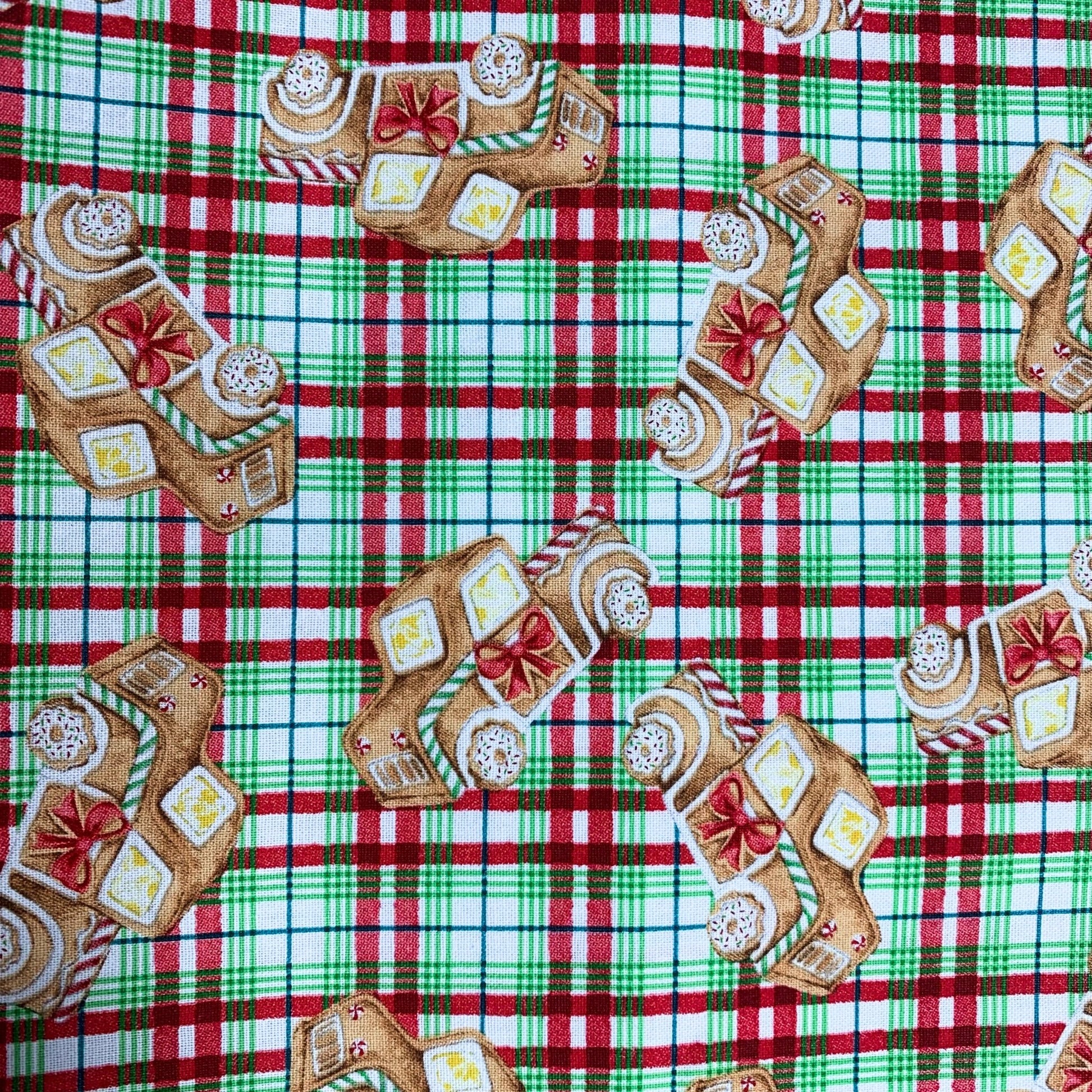 Gingerbread Truck Christmas Fabric 20749 Red Green Plaid - Mary Jo Fabrics