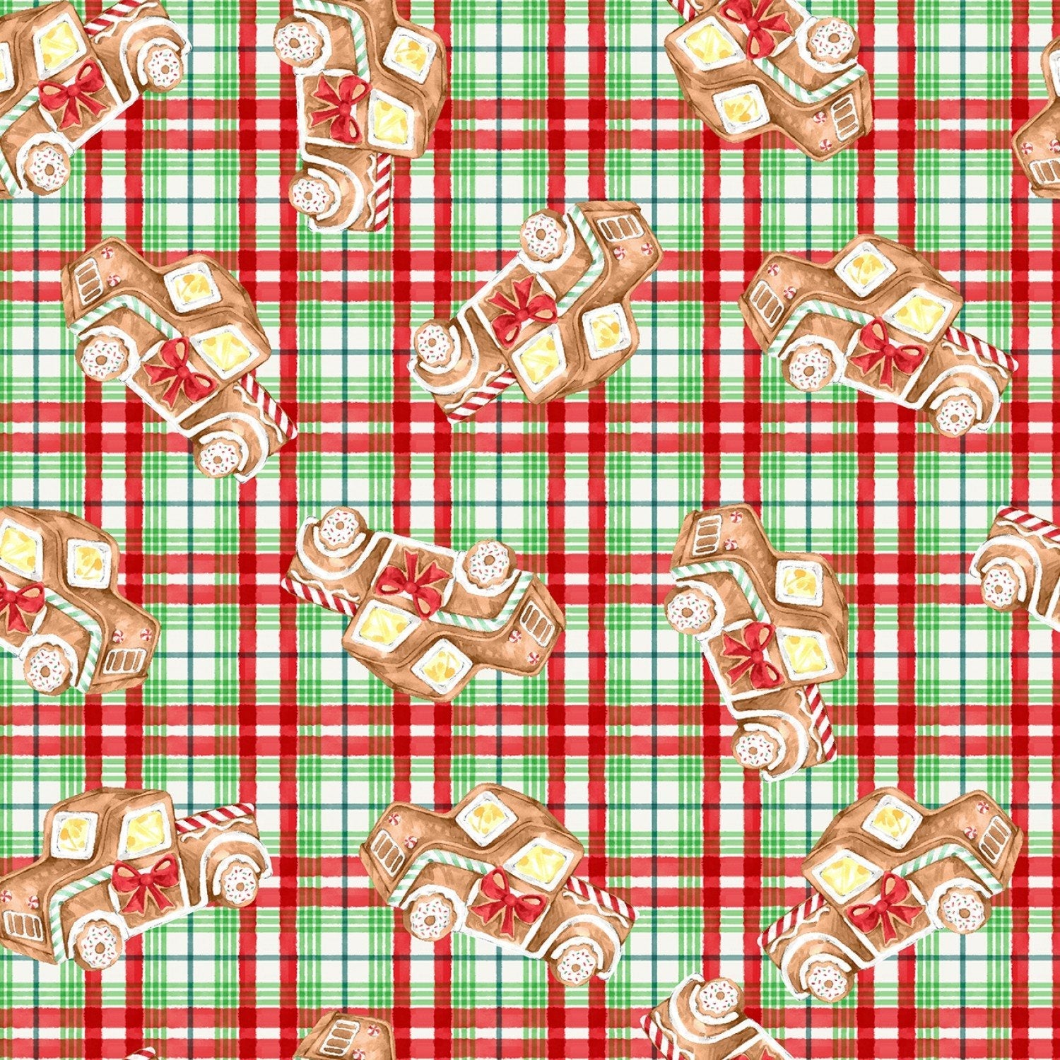 Gingerbread Truck Christmas Fabric 20749 Red Green Plaid - Mary Jo Fabrics