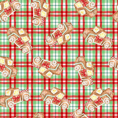 Gingerbread Truck Christmas Fabric 20749 Red Green Plaid - Mary Jo Fabrics