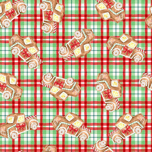Gingerbread Truck Christmas Fabric 20749 Red Green Plaid - Mary Jo Fabrics