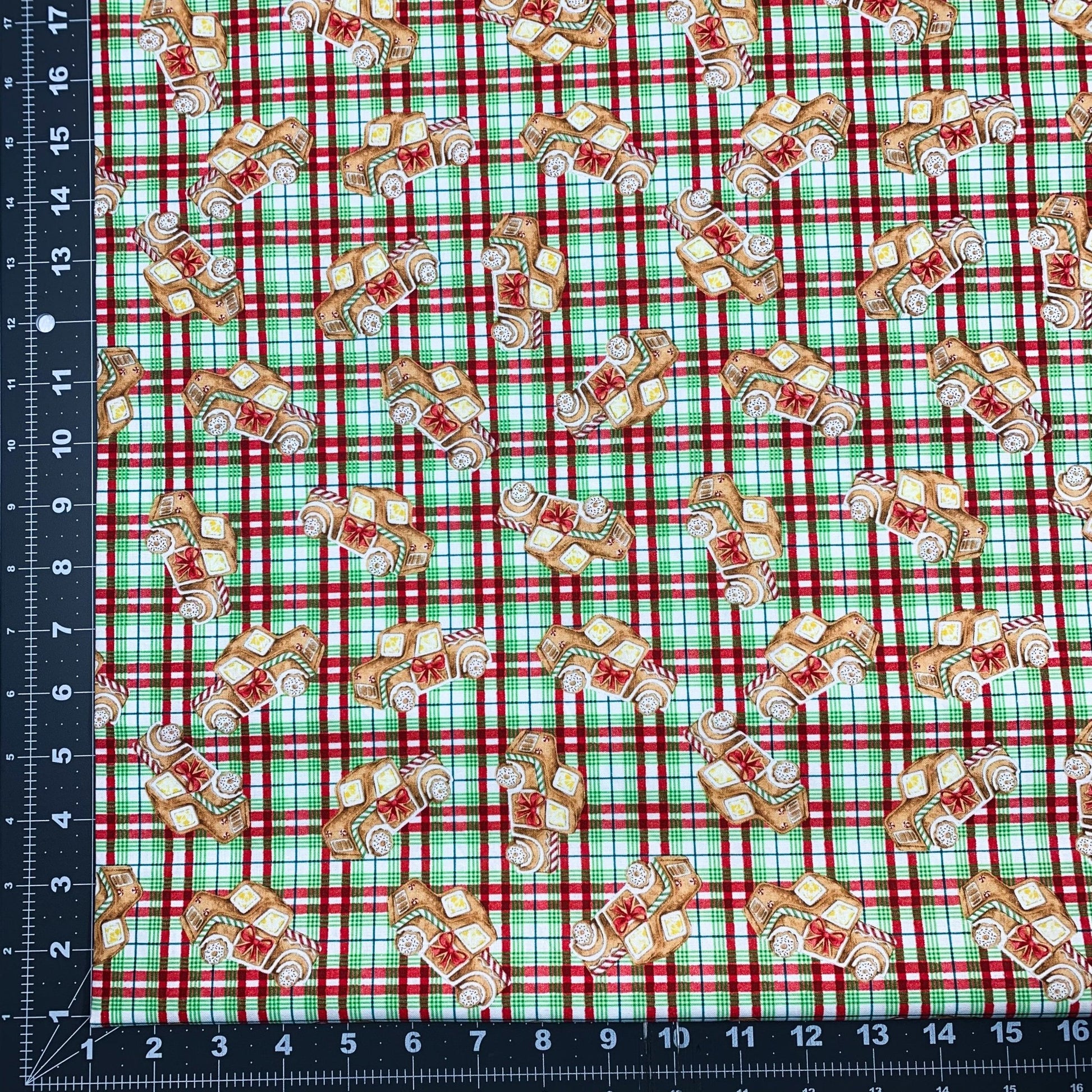 Gingerbread Truck Christmas Fabric 20749 Red Green Plaid - Mary Jo Fabrics