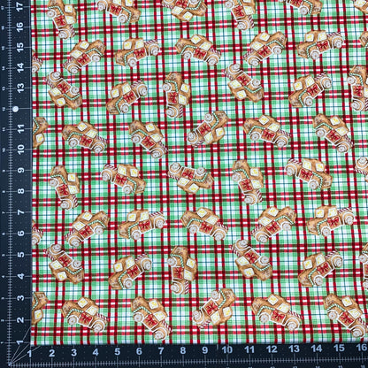 Gingerbread Truck Christmas Fabric 20749 Red Green Plaid - Mary Jo Fabrics