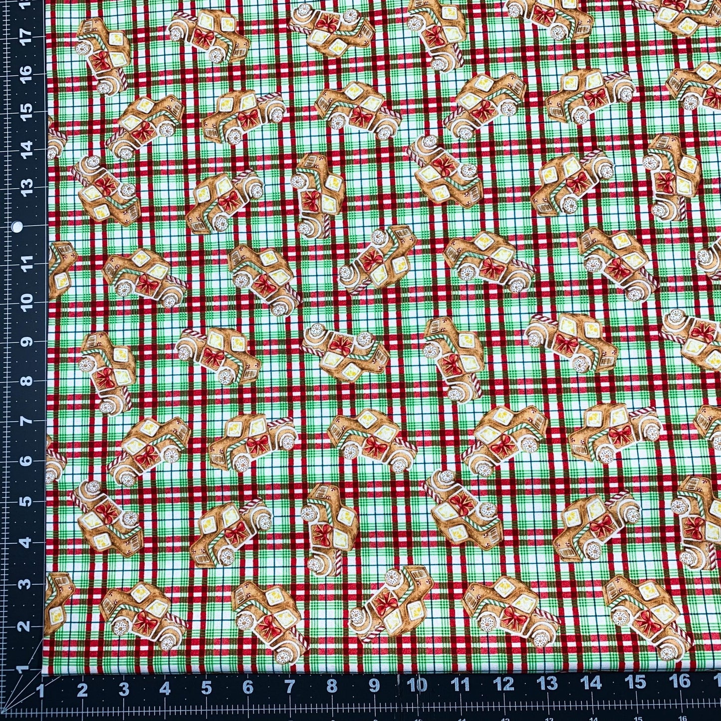 Gingerbread Truck Christmas Fabric 20749 Red Green Plaid - Mary Jo Fabrics