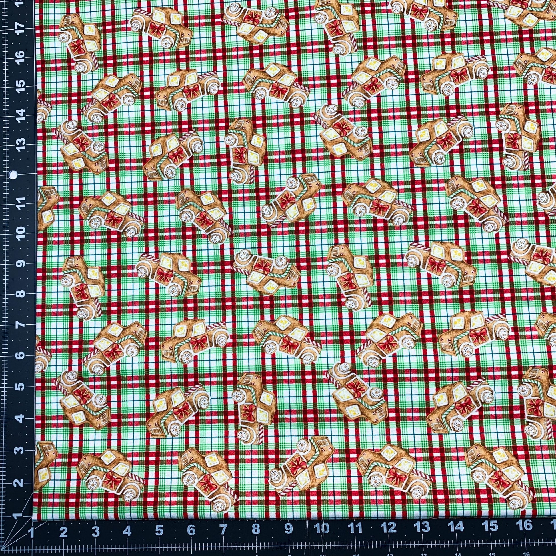 Gingerbread Truck Christmas Fabric 20749 Red Green Plaid - Mary Jo Fabrics