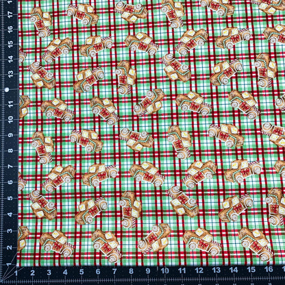 Gingerbread Truck Christmas Fabric 20749 Red Green Plaid - Mary Jo Fabrics