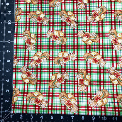 Gingerbread Truck Christmas Fabric 20749 Red Green Plaid - Mary Jo Fabrics