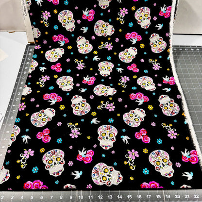 Girl Day of the Dead Skull fabric DT51957C1 Silver Glitter Skulls - Mary Jo Fabrics