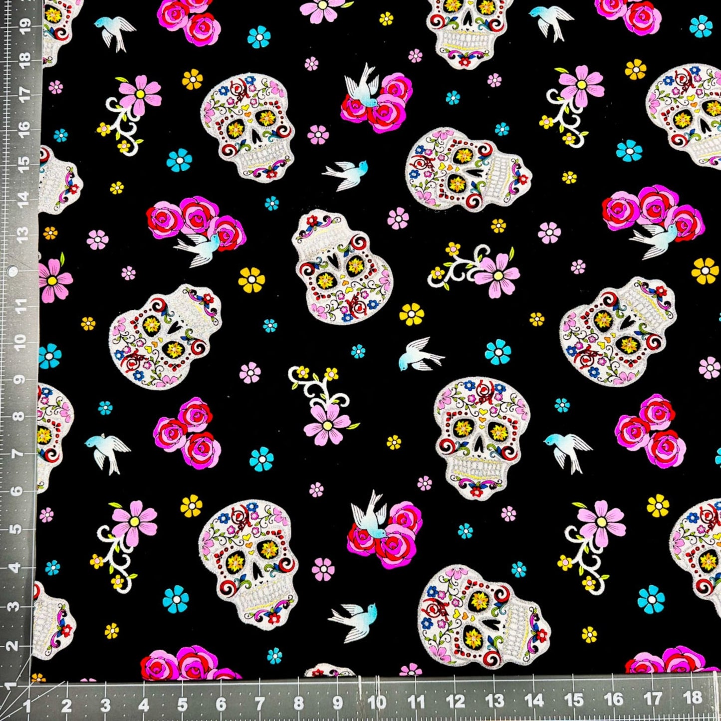 Girl Day of the Dead Skull fabric DT51957C1 Silver Glitter Skulls - Mary Jo Fabrics