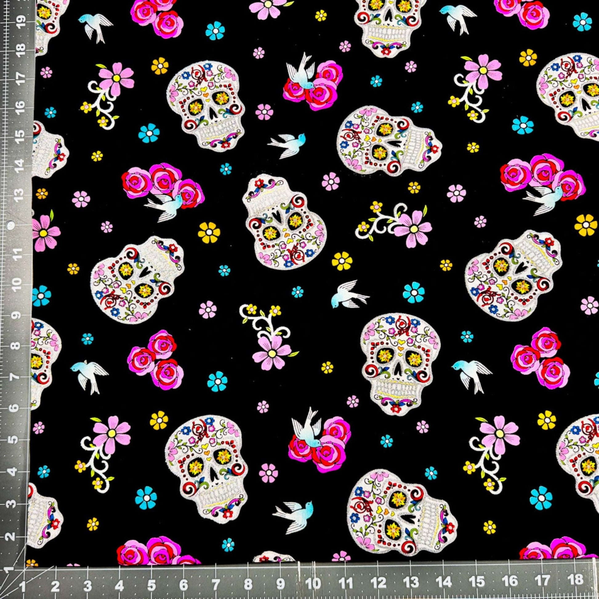 Girl Day of the Dead Skull fabric DT51957C1 Silver Glitter Skulls - Mary Jo Fabrics