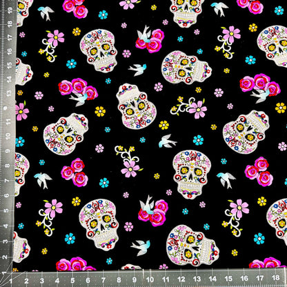Girl Day of the Dead Skull fabric DT51957C1 Silver Glitter Skulls - Mary Jo Fabrics