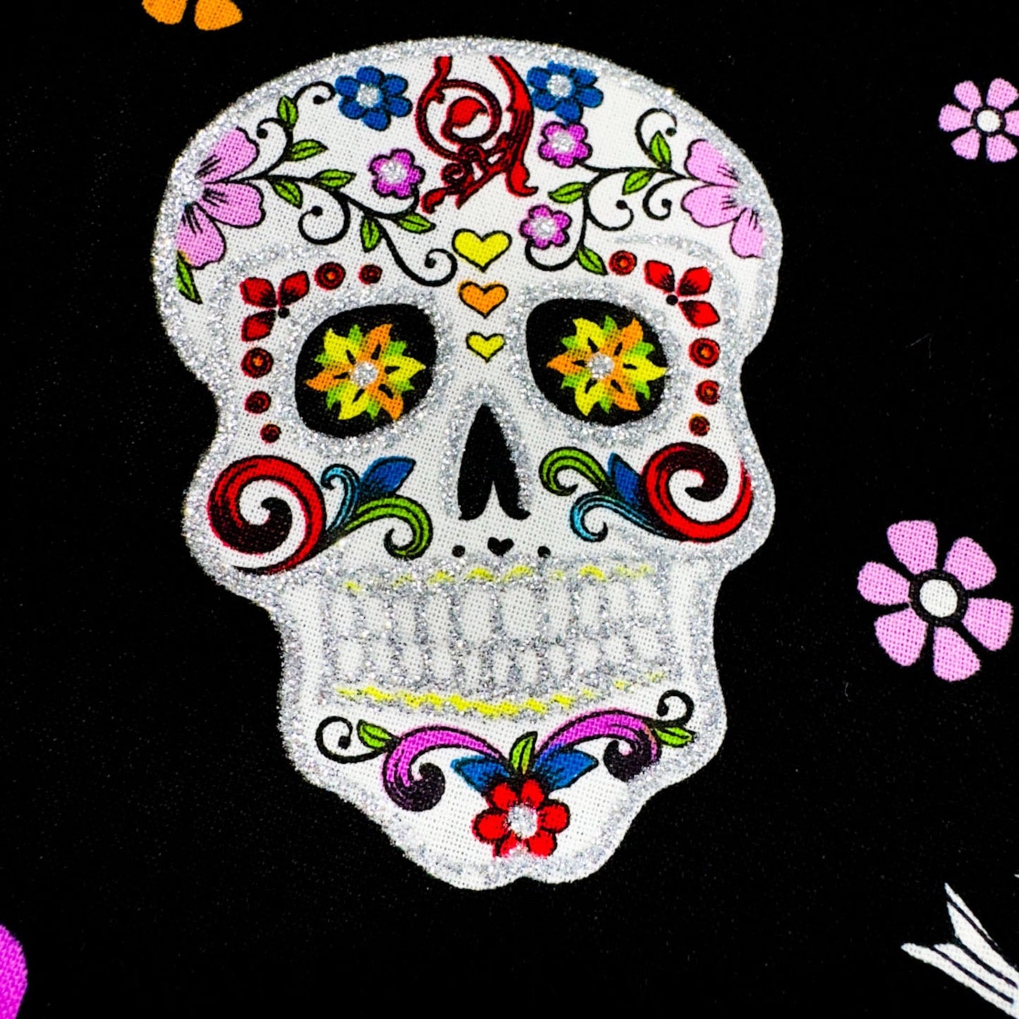 Girl Day of the Dead Skull fabric DT51957C1 Silver Glitter Skulls - Mary Jo Fabrics