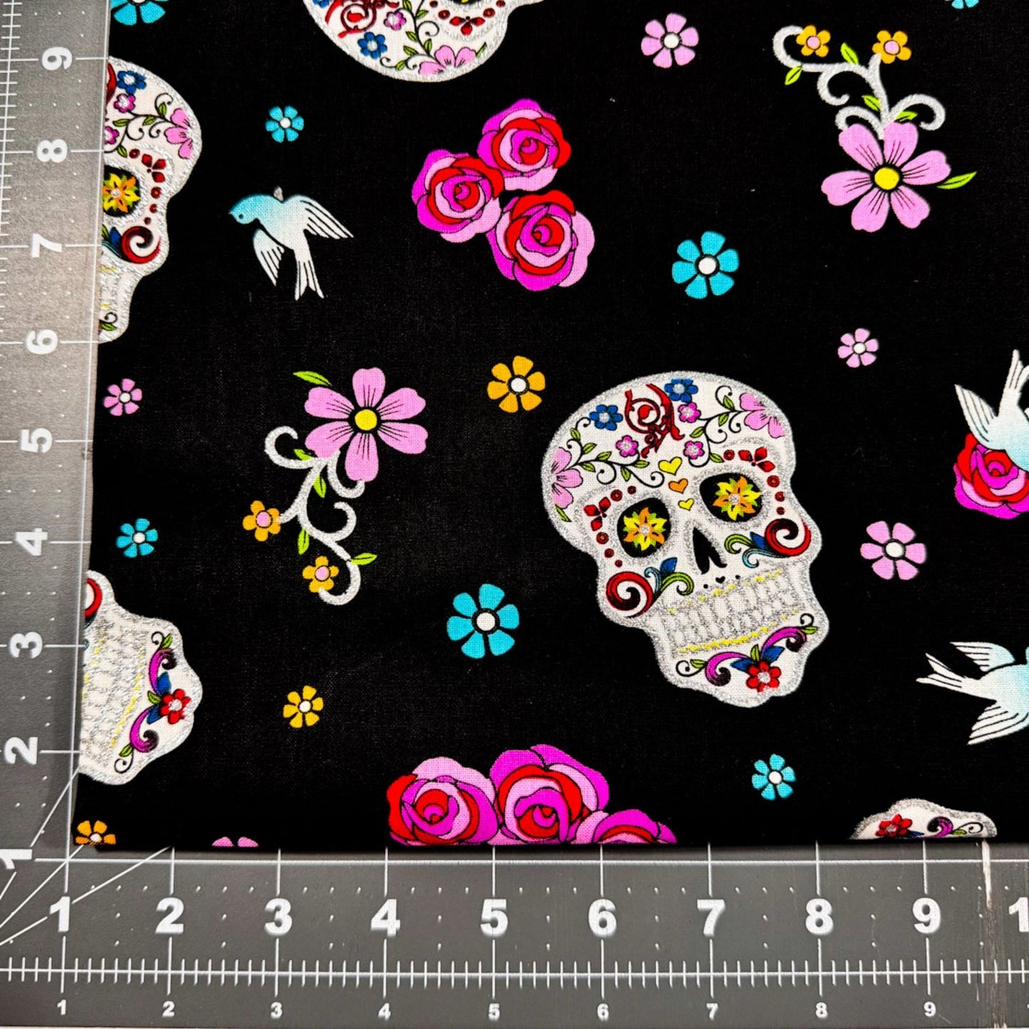 Girl Day of the Dead Skull fabric DT51957C1 Silver Glitter Skulls - Mary Jo Fabrics