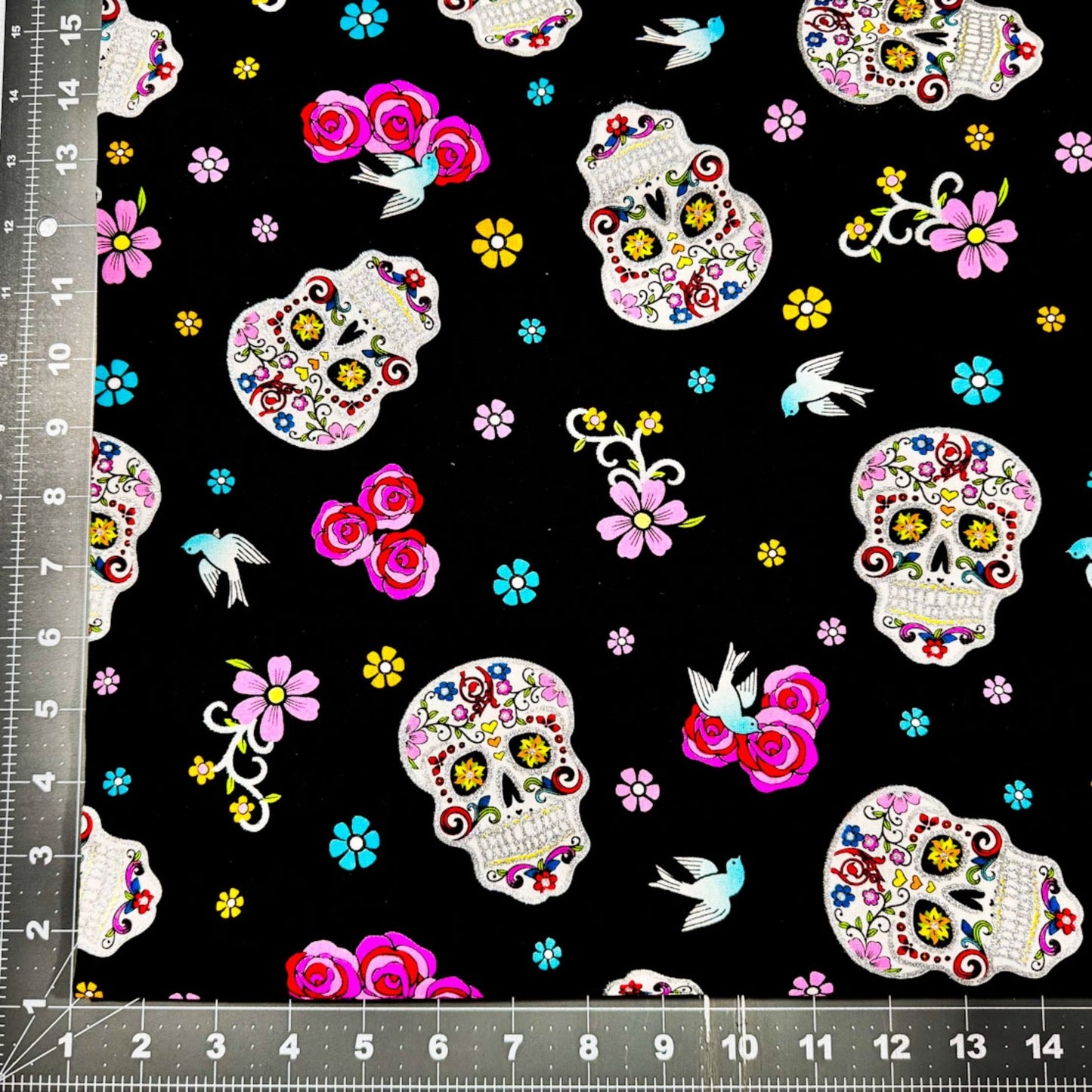 Girl Day of the Dead Skull fabric DT51957C1 Silver Glitter Skulls - Mary Jo Fabrics