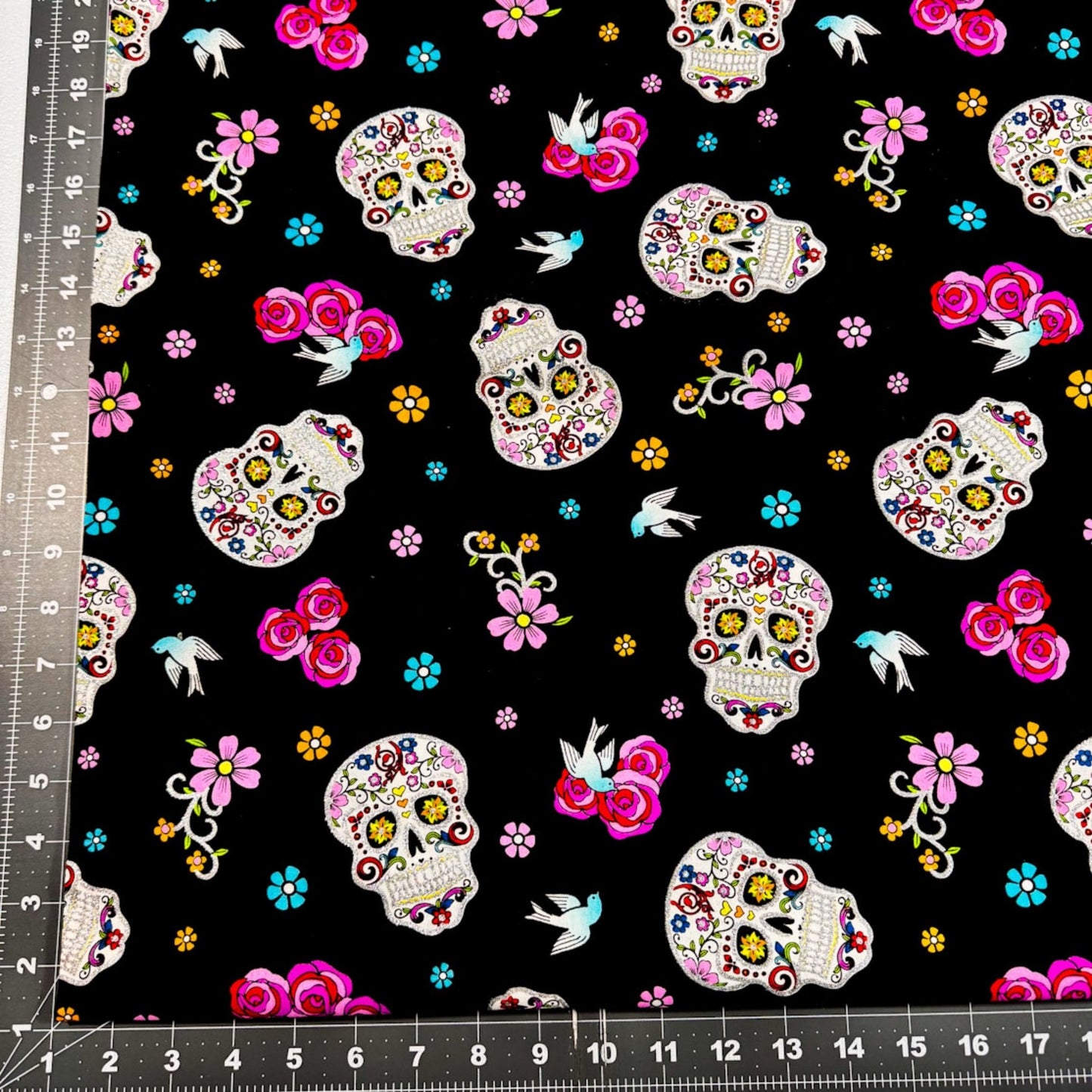 Girl Day of the Dead Skull fabric DT51957C1 Silver Glitter Skulls - Mary Jo Fabrics