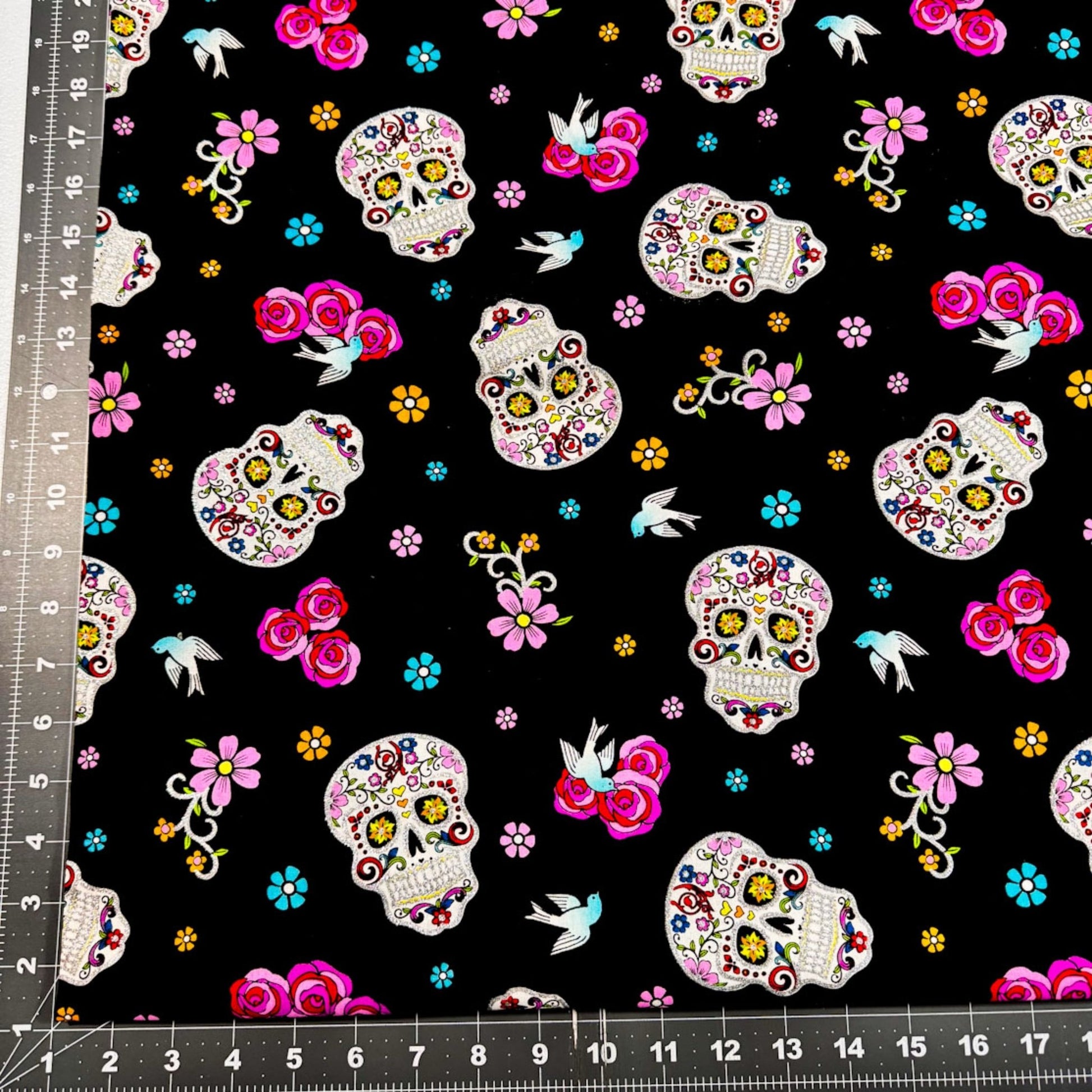 Girl Day of the Dead Skull fabric DT51957C1 Silver Glitter Skulls - Mary Jo Fabrics